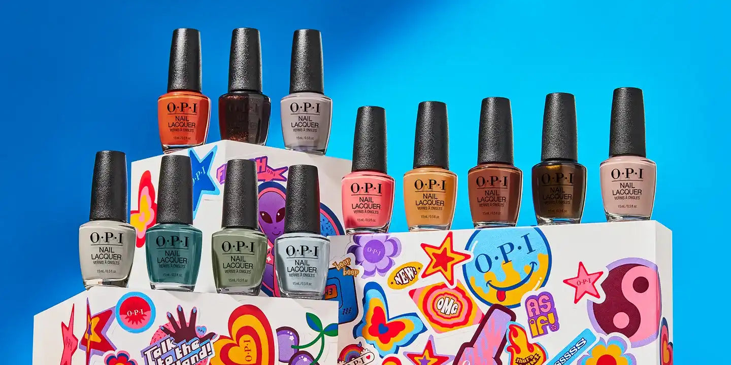 A collection of OPI nail lacquers in various colors.