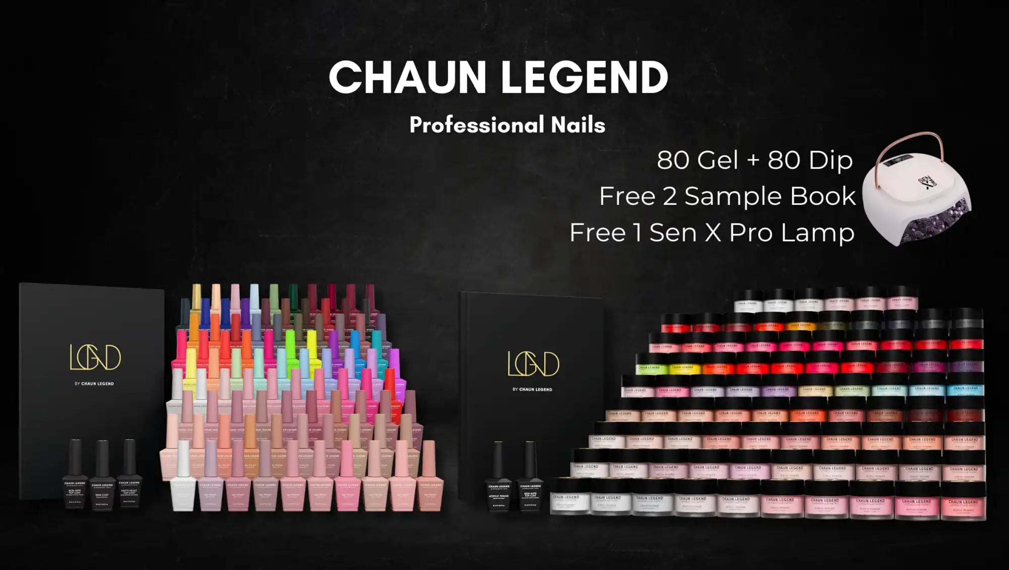 A comprehensive set of gel and dip powder nail products with a UV lamp and sample books.