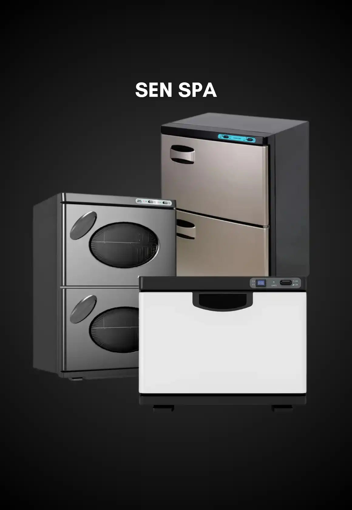 A group of modern spa equipment including towel warmers and sterilizers.