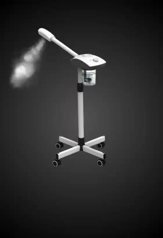 White facial steamer on wheels emitting steam.
