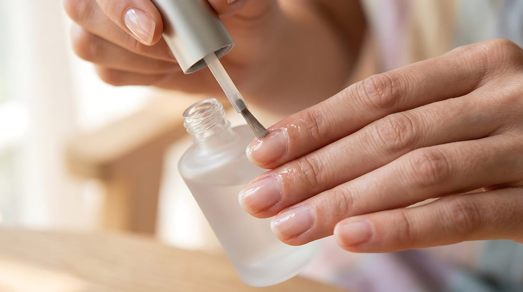 Hand brushing clear nail polish onto natural nails next to an open bottle of clear polish