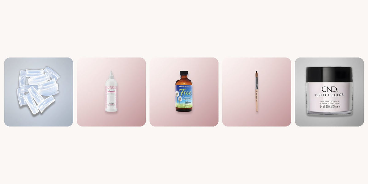 Acrylic supplies for duck nails: clear nail tips, clear sculpting powder, acrylic liquid, a kolinsky brush and pink sculpting powder