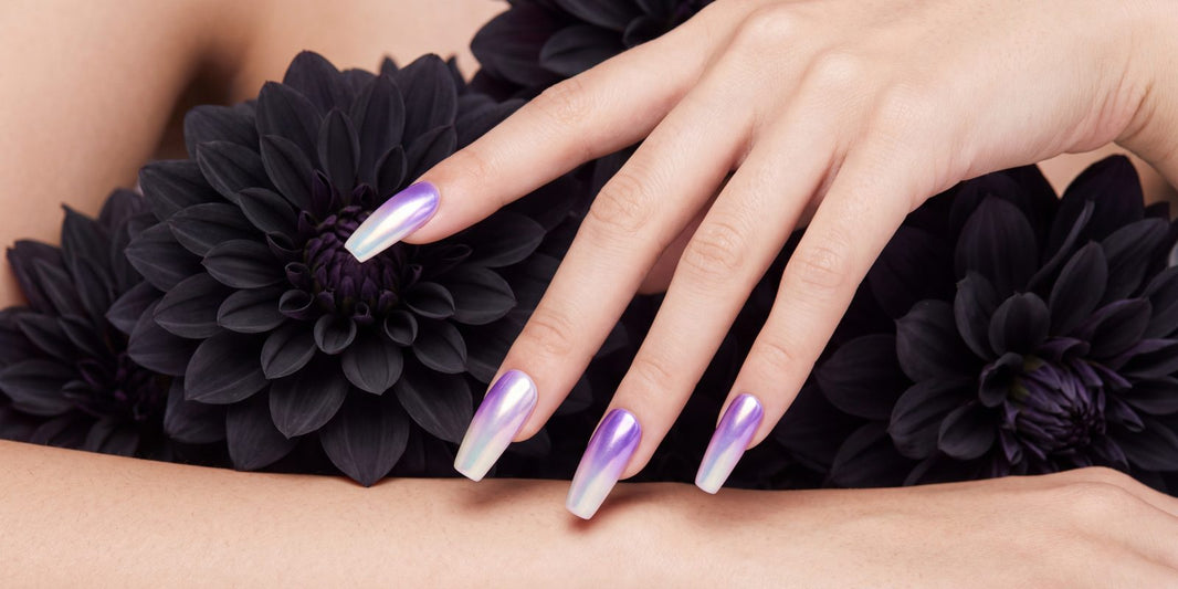 Long almond nails with pale lavender French tips resting on dark flowers