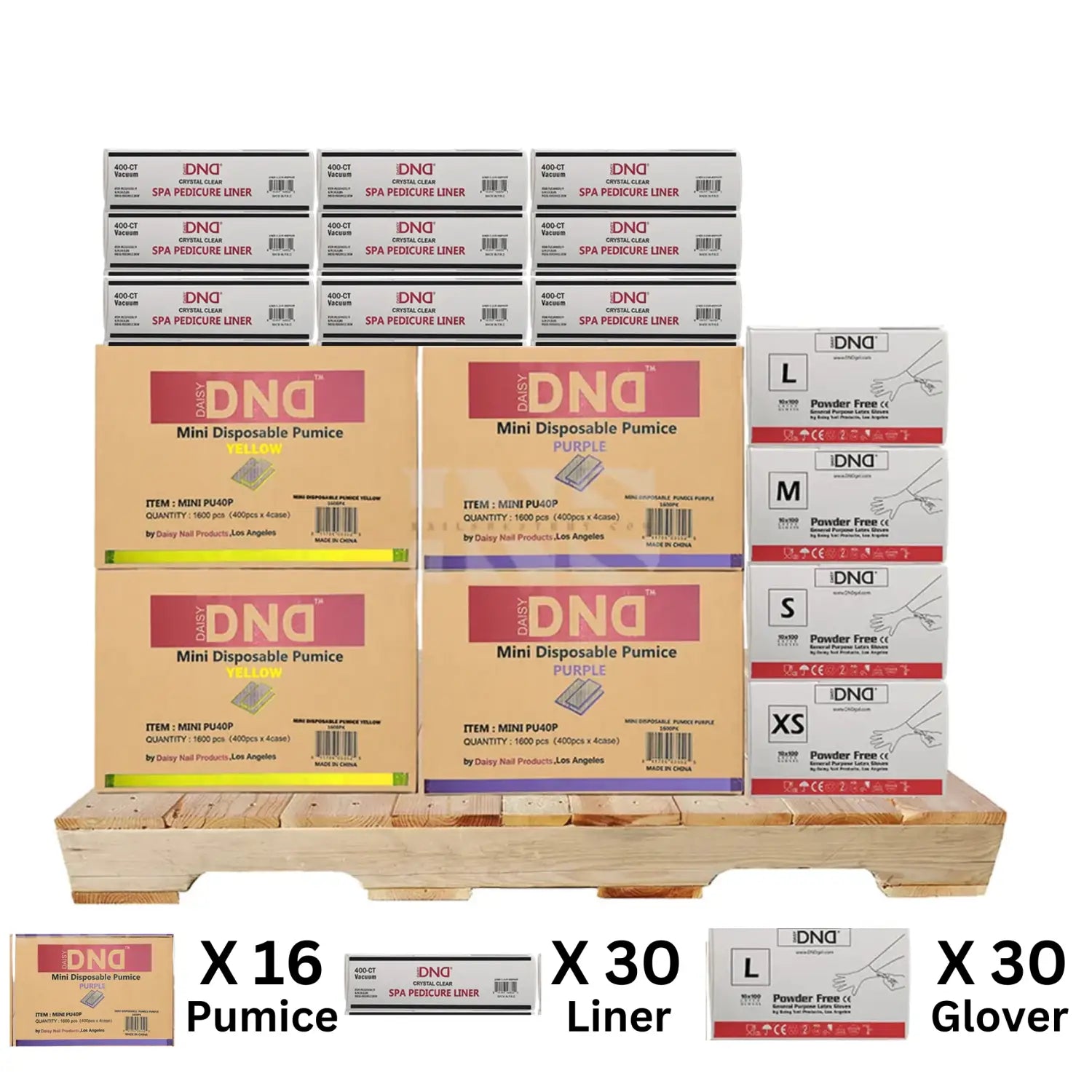 Dnd pedi liner (30 boxes) pumice (16 boxes) gloves (30