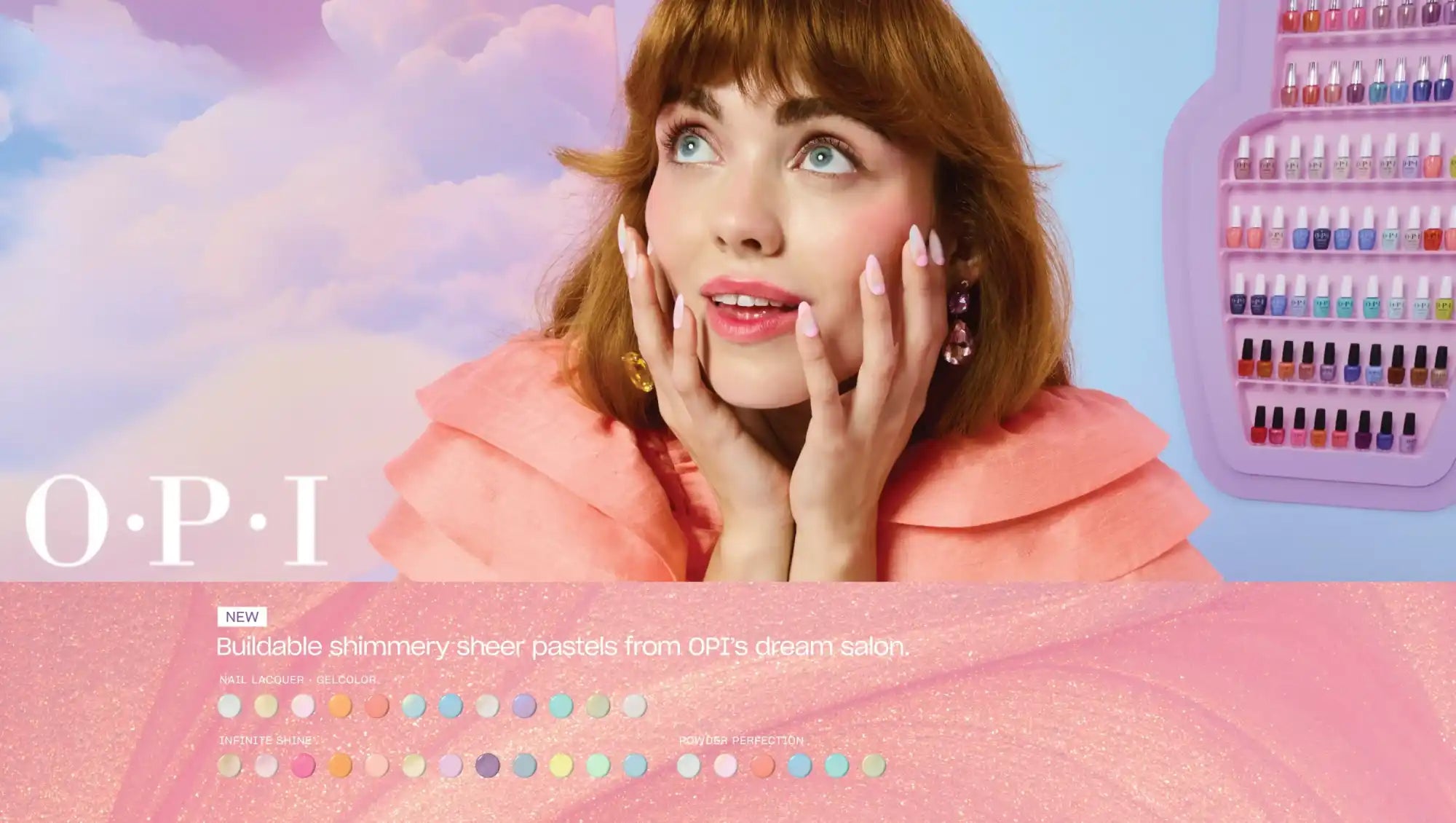 Advertisement for OPI nail polish featuring a person in a pink hoodie with painted nails.