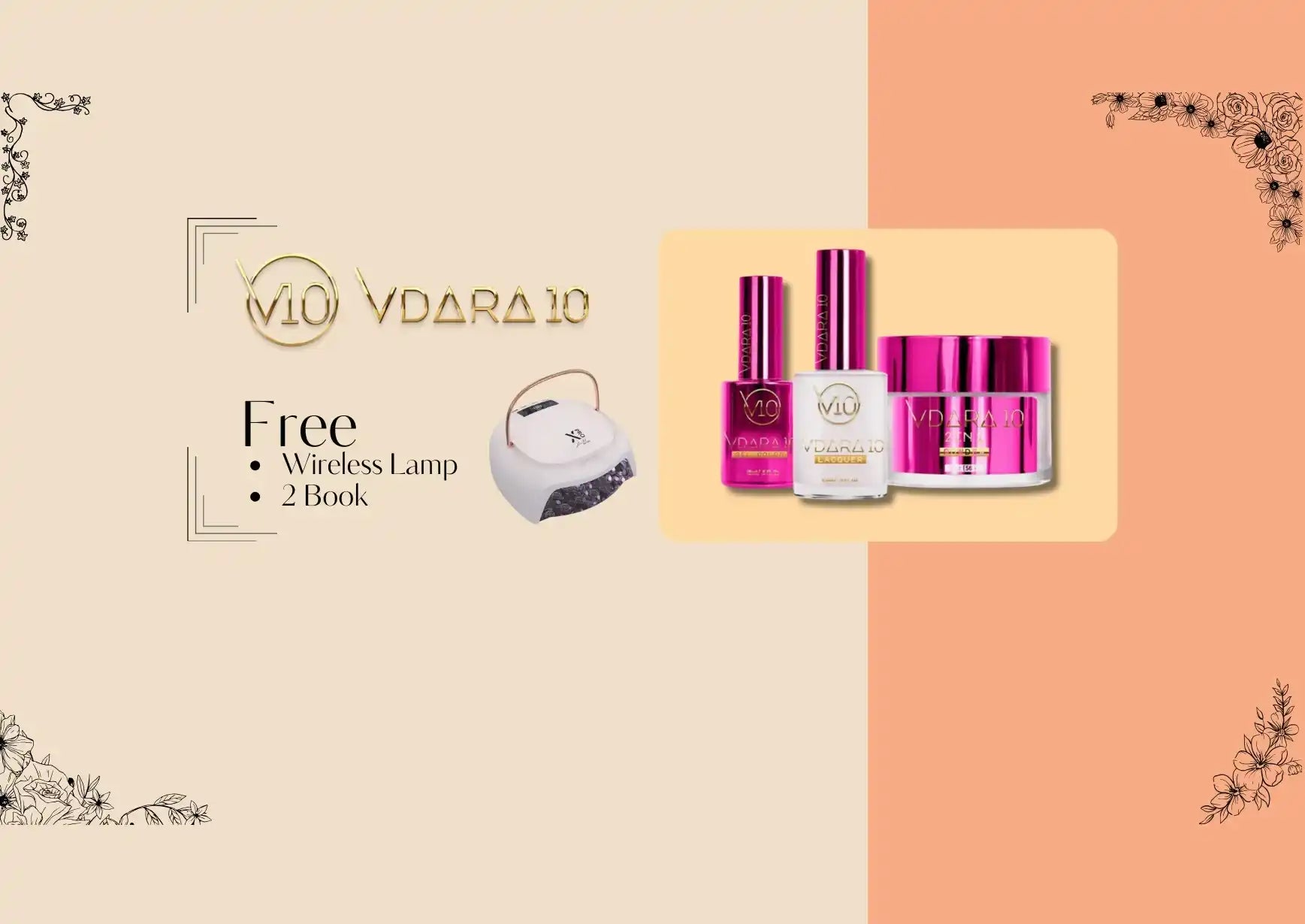 Beauty product advertisement showing nail polish bottles and a free wireless lamp offer.