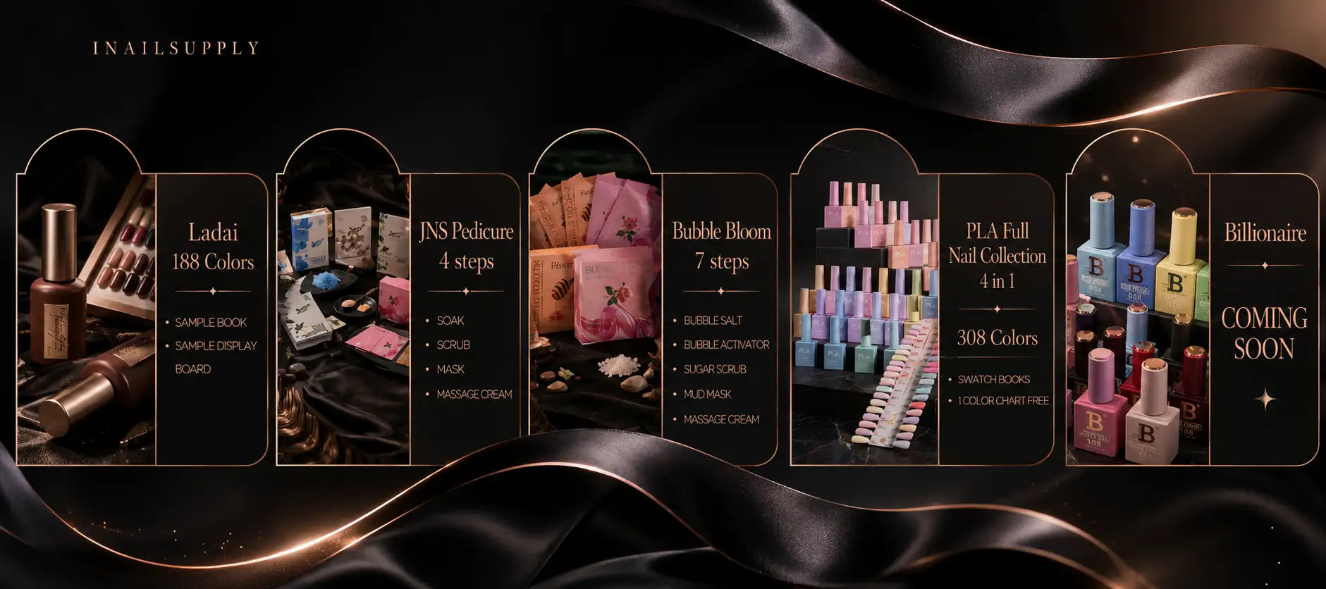 Billionaire nail polish collection in vibrant blue, pink, and yellow bottles with sleek metallic caps.