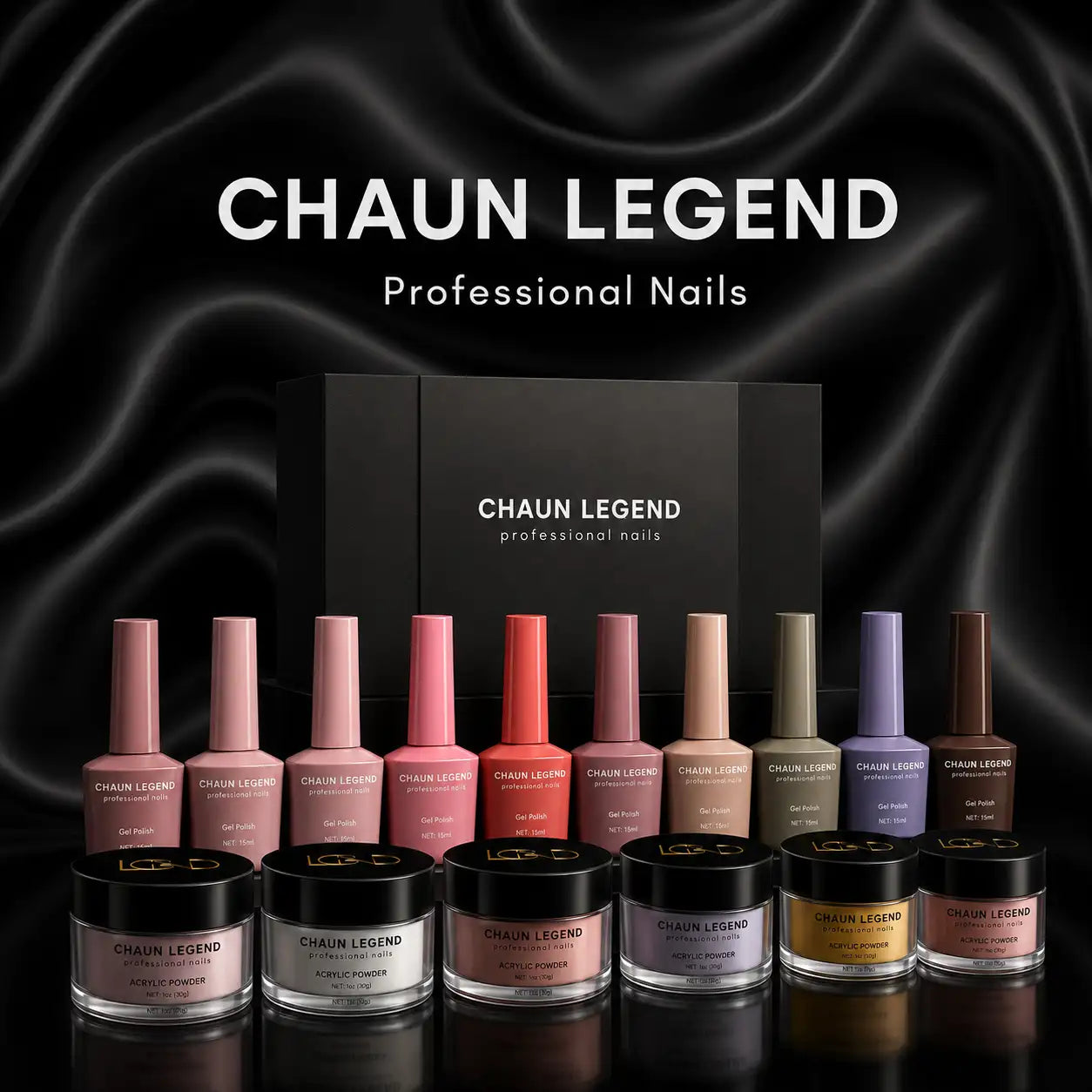 Chaun legend professional nail kit featuring a collection of gel polish bottles and acrylic powder jars in assorted colors.