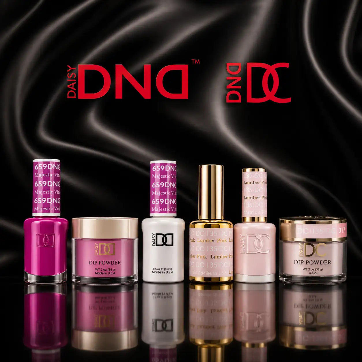 A collection of daisy dna nail care products featuring vibrant pink, white, and gold-toned bottles and jars with sleek metallic caps.