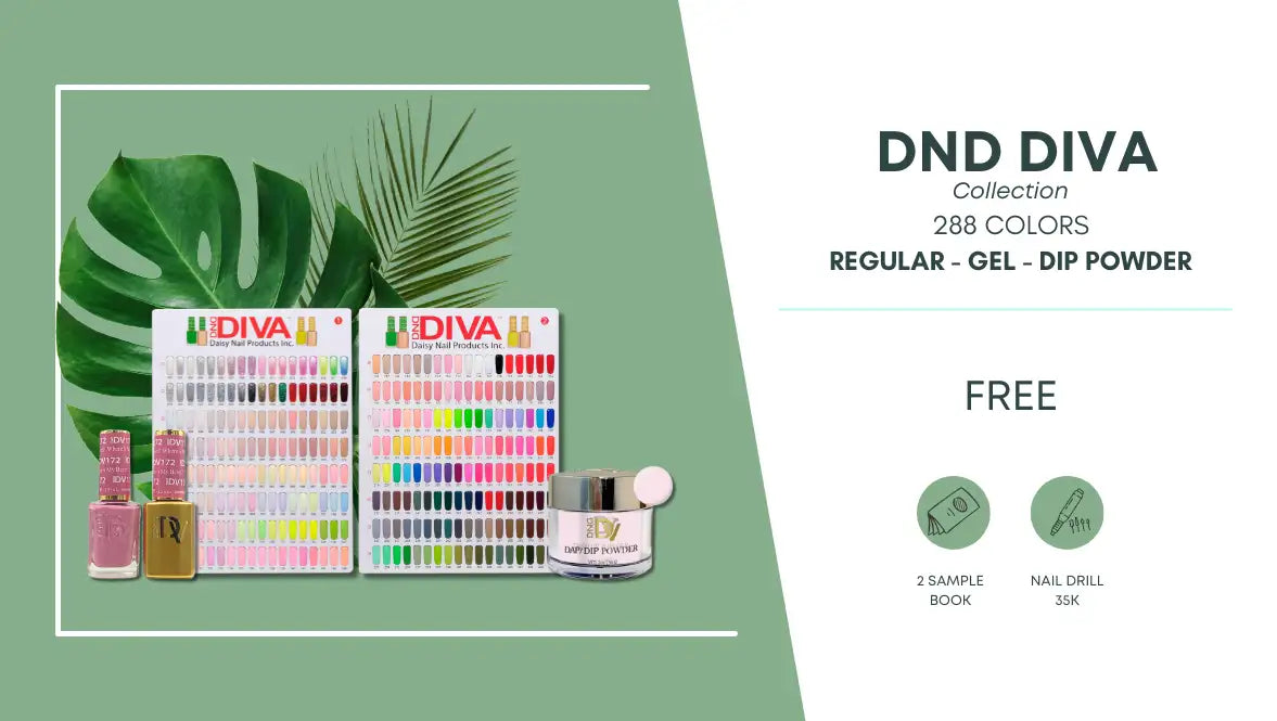 The dnd diva collection features 288 vibrant nail polish colors in a sleek, modern packaging design with glossy finishes and bold branding.