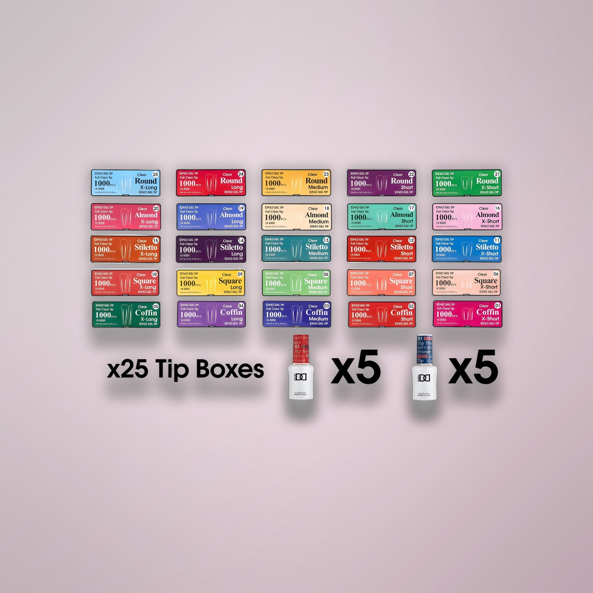 DND Gel Tip Collection Bundle – 25 Boxes All Shapes & Sizes + Adhesive & Primer