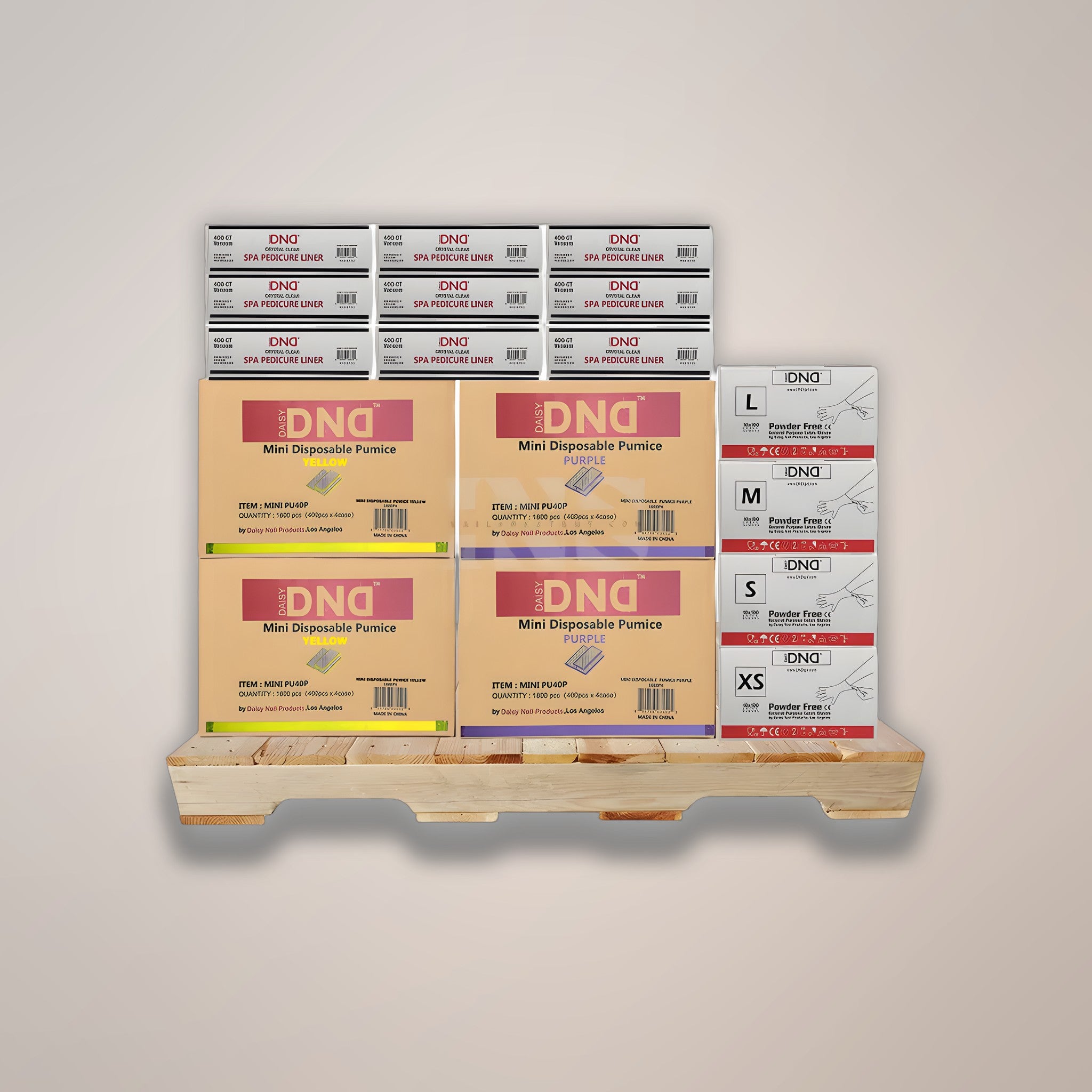 DND Pedi Liner (30 Boxes) Pumice (16 Boxes) Gloves (30 Boxes) PALLET (W2) Mix #1