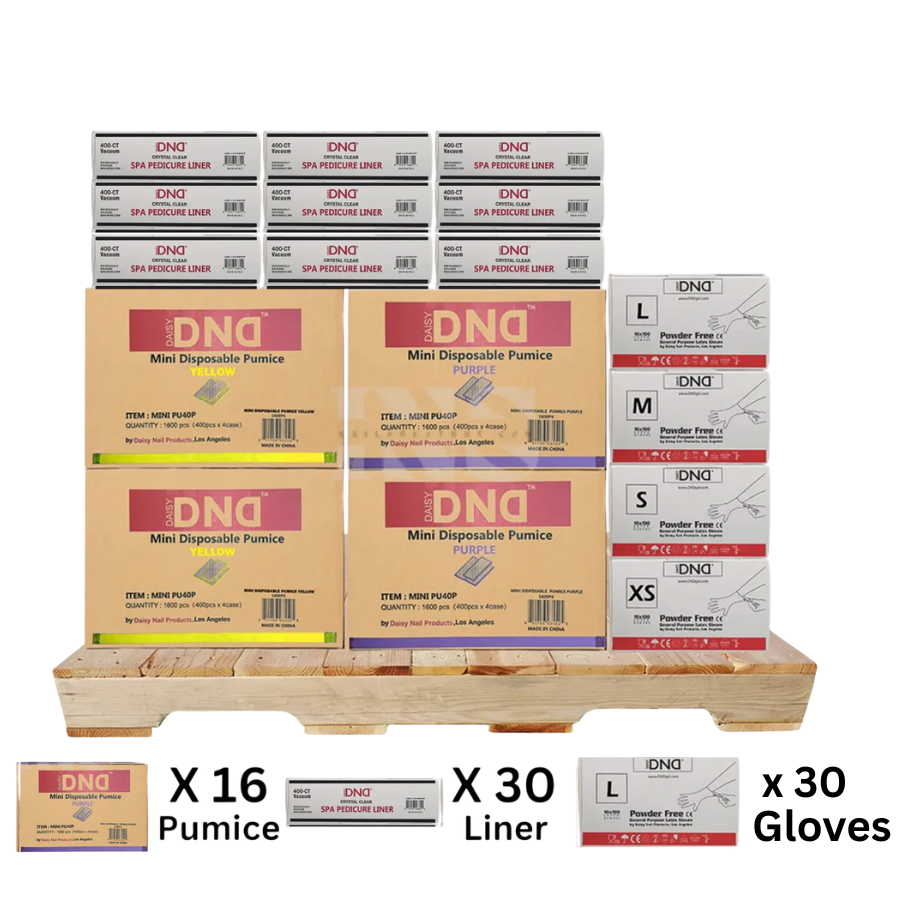 Dnd pedi liner (30 boxes) pumice (16 boxes) gloves (30