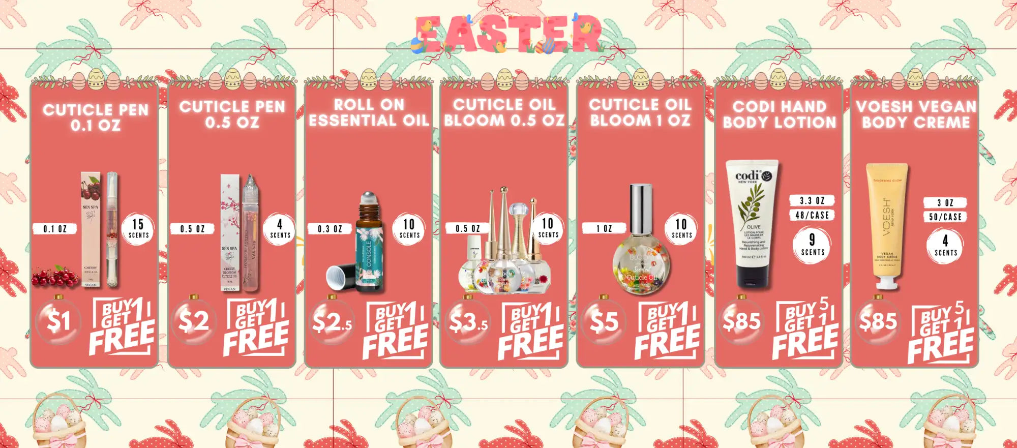 Easter-themed promotional display featuring various beauty and personal care products including cuticle pens, essential oils, lotions, and body creams with festive floral designs.