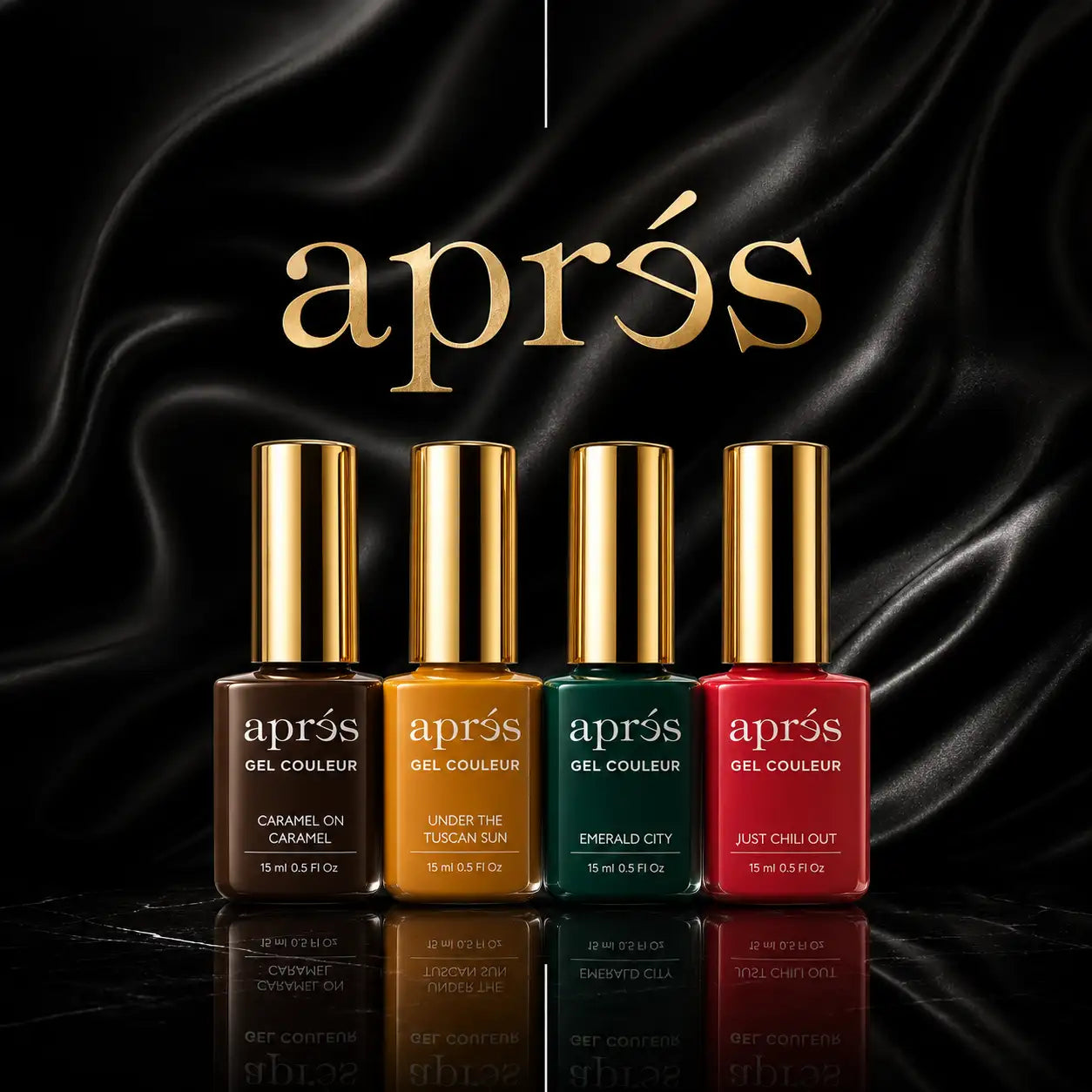 Four sleek aprés gel couleur nail polish bottles with gold caps and vibrant colors, caramel, orange, emerald green, and red, are arranged in a row.