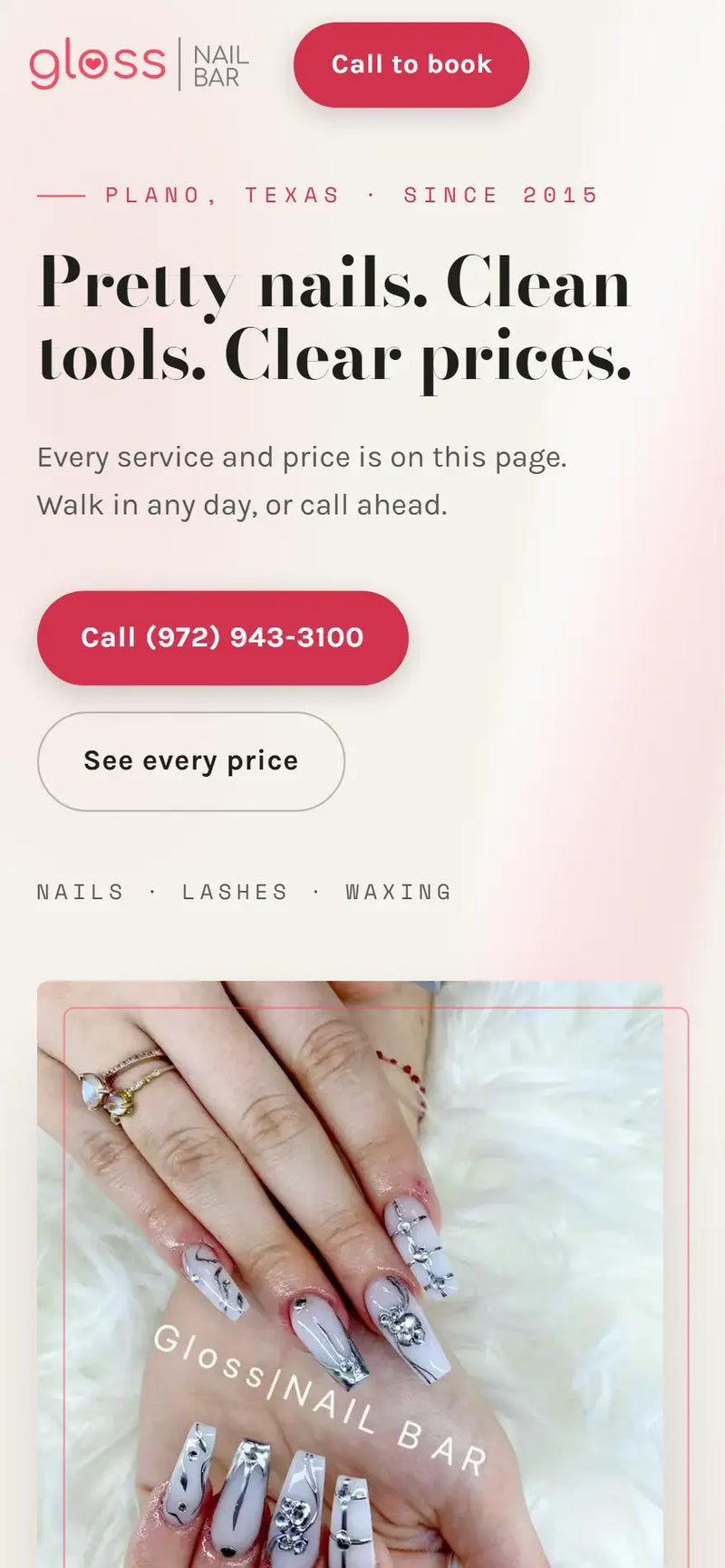 Gloss Nail Bar website built by Senofy - pink and cream mobile design