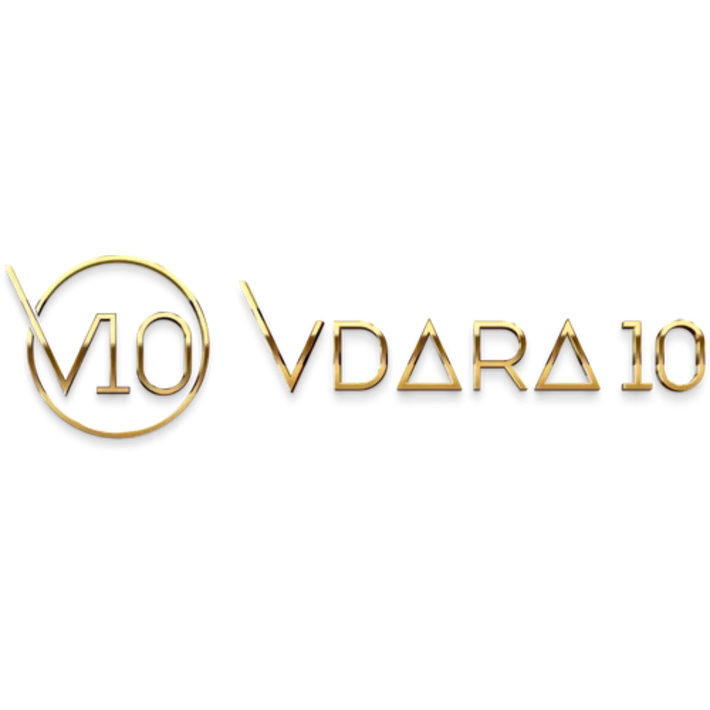 Gold metallic text logo showing ’V10 VDARA 10’’ with geometric shapes.