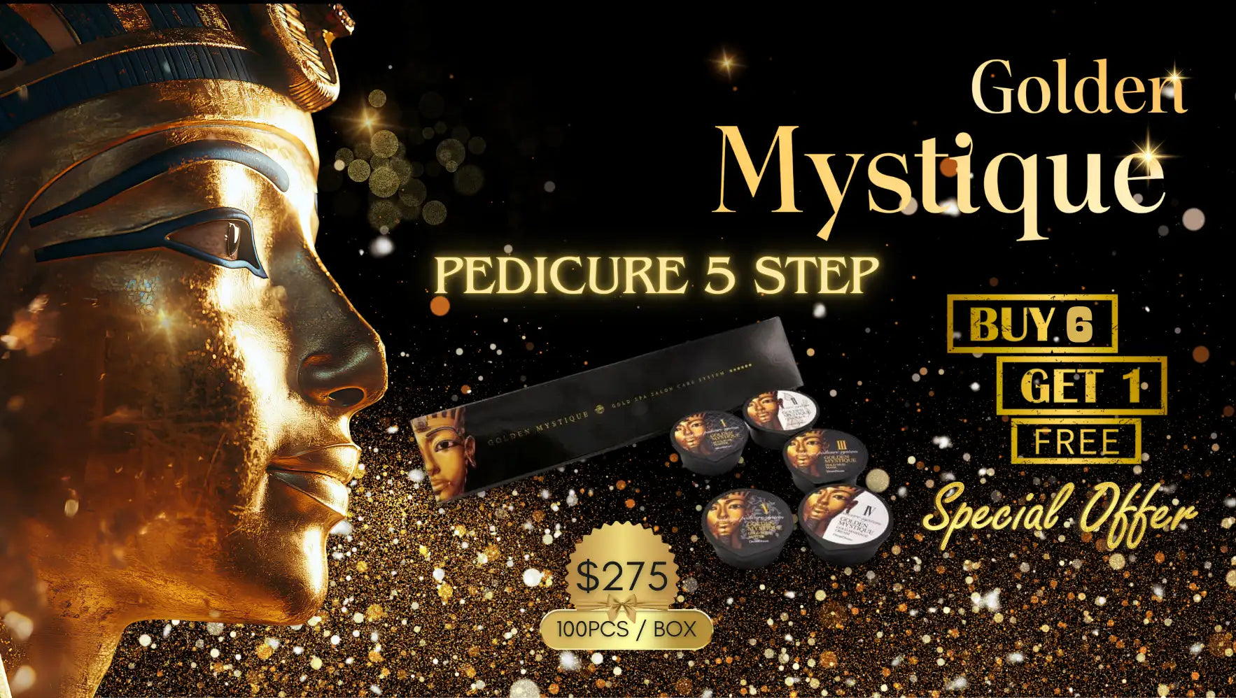 Golden mystique pedicure 5 step kit featuring a golden pharaoh mask design with black and gold packaging, containing 100 pieces per box.