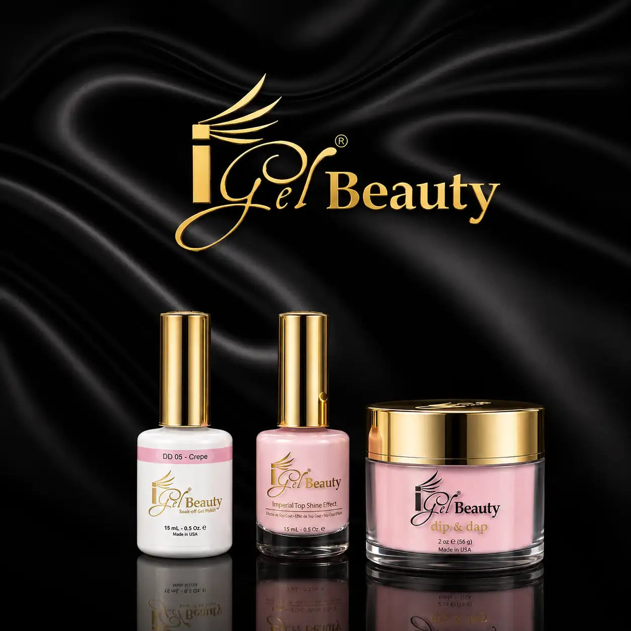Igel beauty nail care set featuring a white bottle, pink gel polish in a glass jar with gold cap, and a pink dip & dap powder container, all adorned with elegant gold branding.