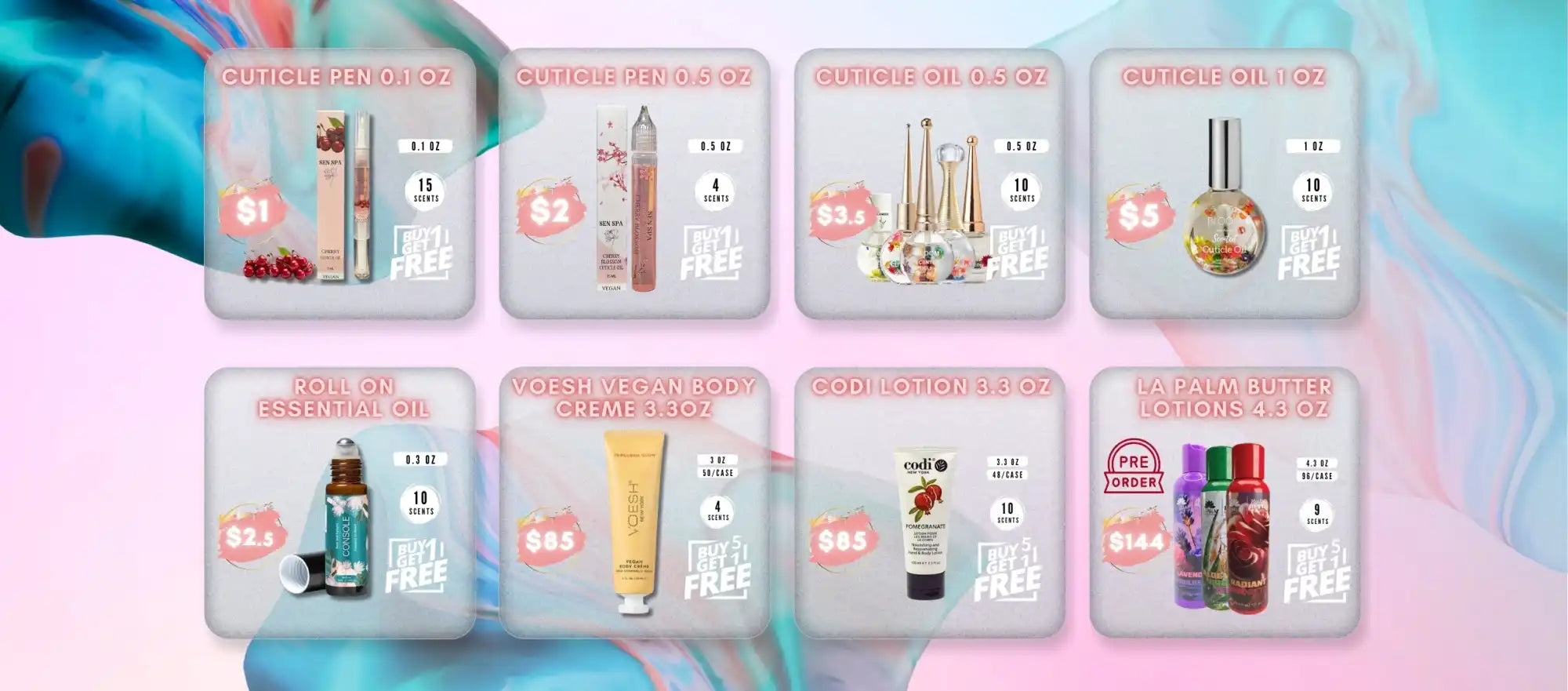 Lavender essential oil bottle with dropper cap, glass material and metallic silver accents.