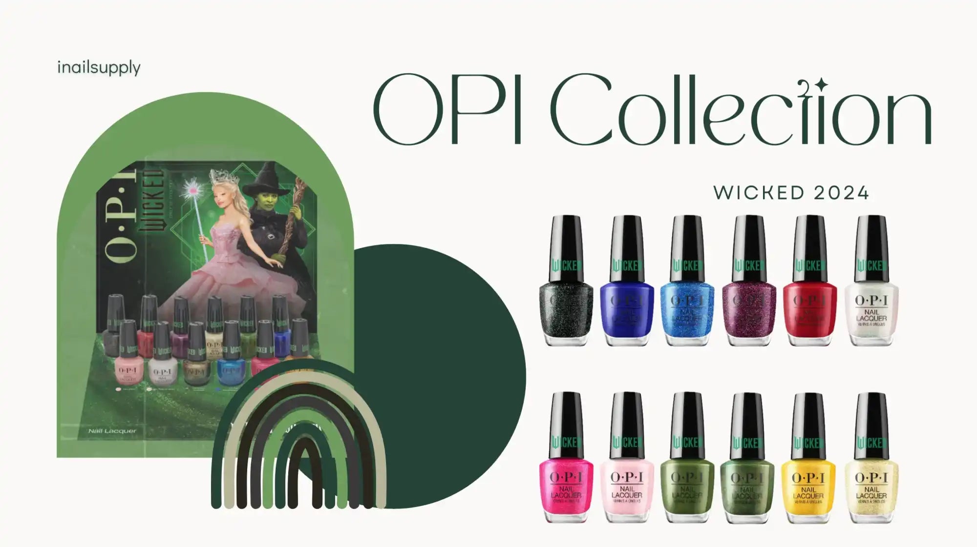 Nail polish collection from OPI featuring various colorful shades arranged in two rows.