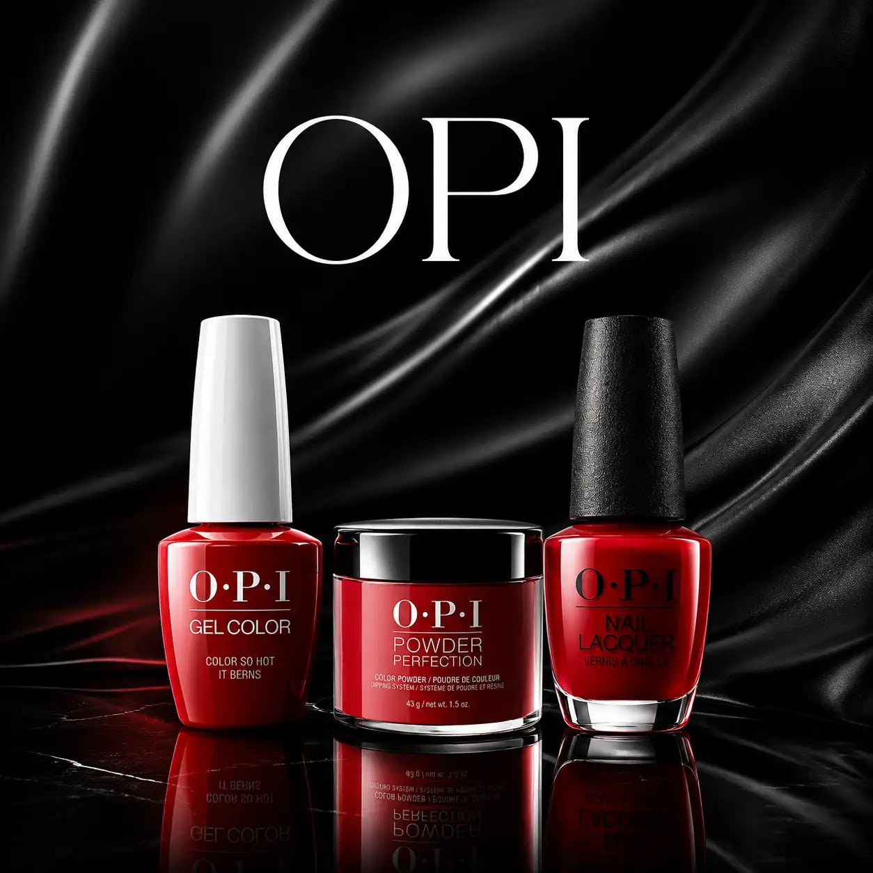 Opi red nail care set featuring a gel color, powder perfection, and nail lacquer in matching vibrant shades.