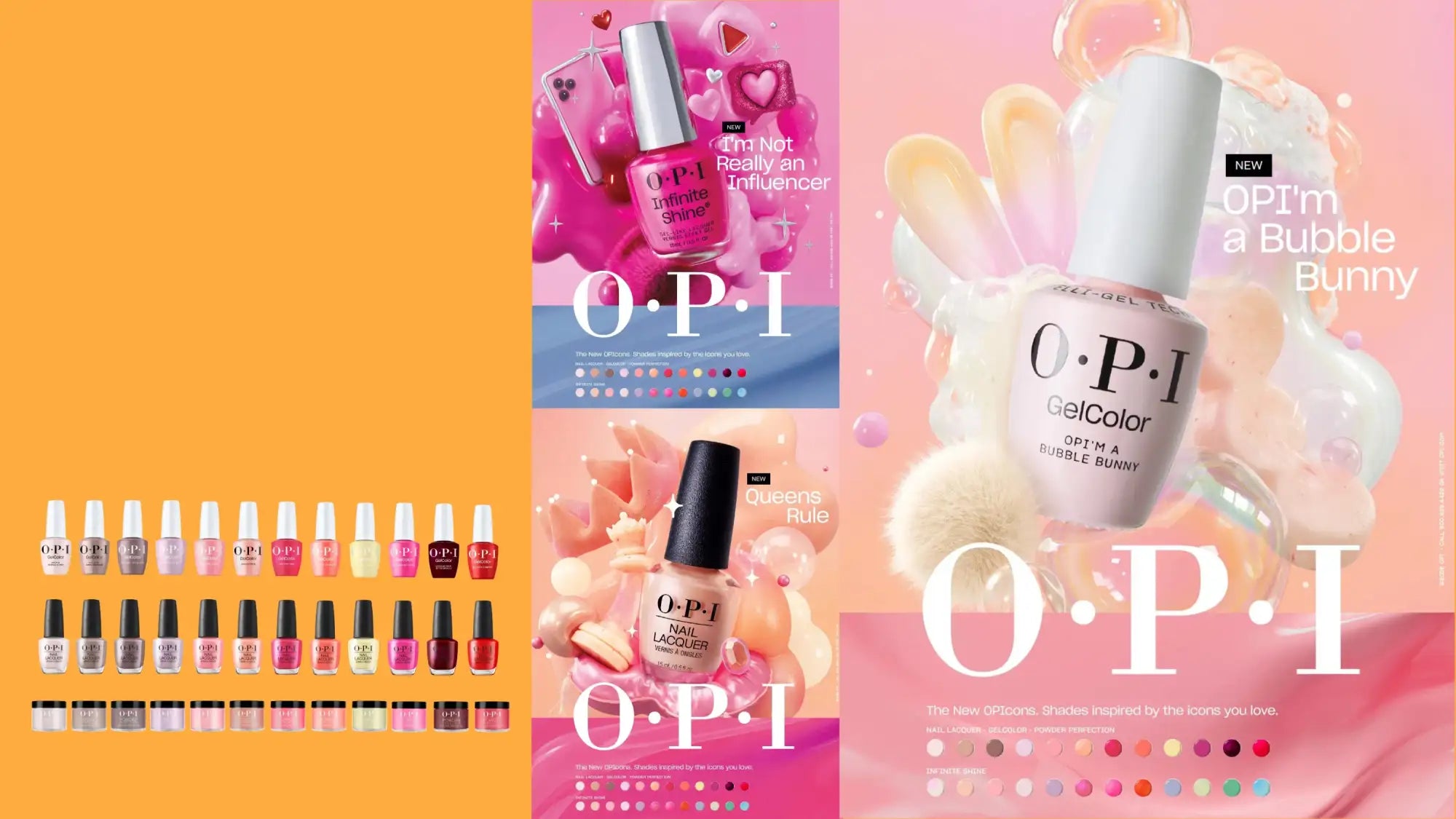 A pink opi gelcolor nail polish bottle with a white cap and the label ’i’m a bubble bunny’ displayed against a soft, pastel background.