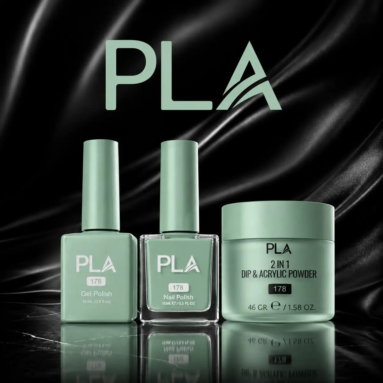 Pla brand 178 shade mint green nail care set featuring two gel polish and nail polish bottles alongside a dip & acrylic powder jar, all with matching matte finish caps.