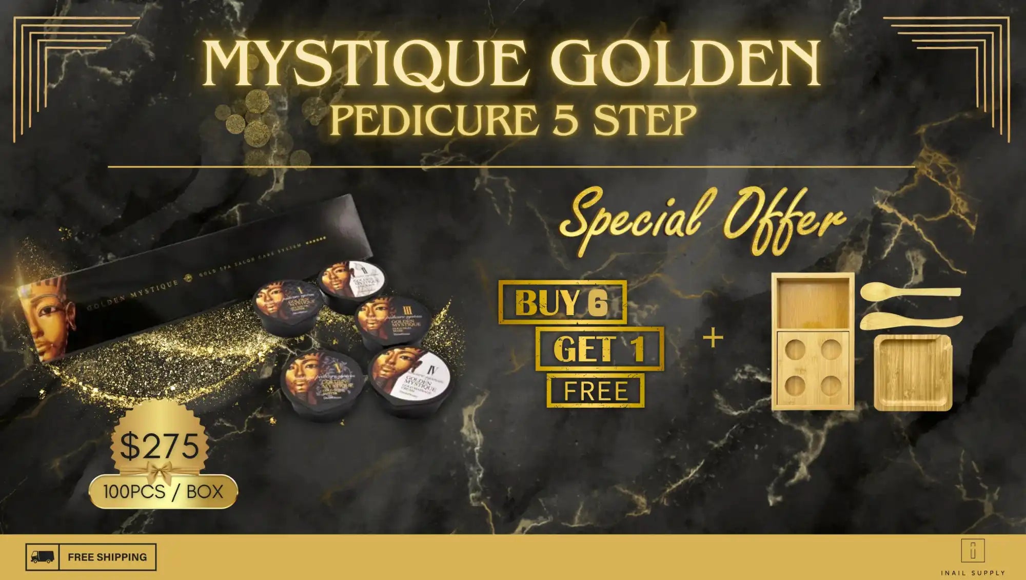 Promotional advertisement for a ’Mystique Golden’ 5-step pedicure service with a buy-one-get-one-free special offer.