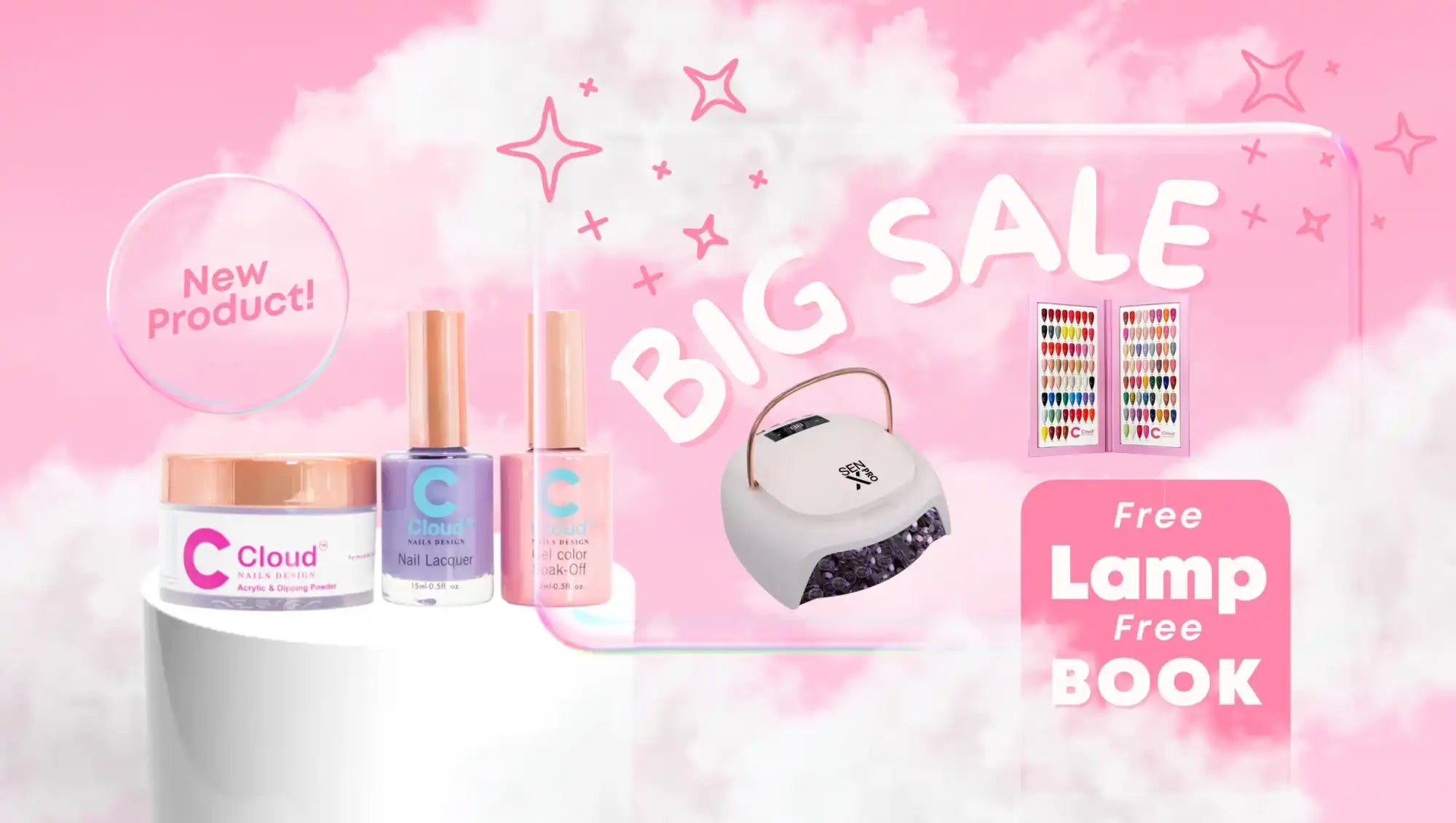 Promotional beauty product advertisement featuring nail polish, a UV lamp, and accessories against a pink backdrop with ’BIG SALE’ text.