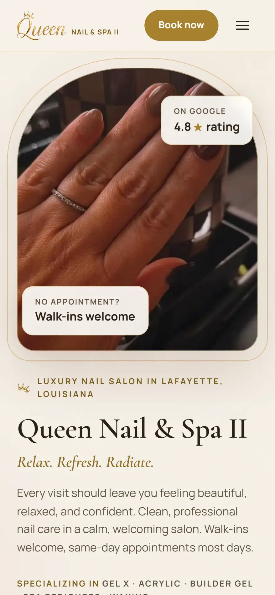 Queen Nail & Spa II website built by Senofy - cream and gold mobile design