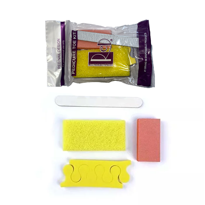 RED Disposable Pedicure Kit 4 (Yellow Pumice-Toe Sep-File-Buffer) 75/Pallet (W2)