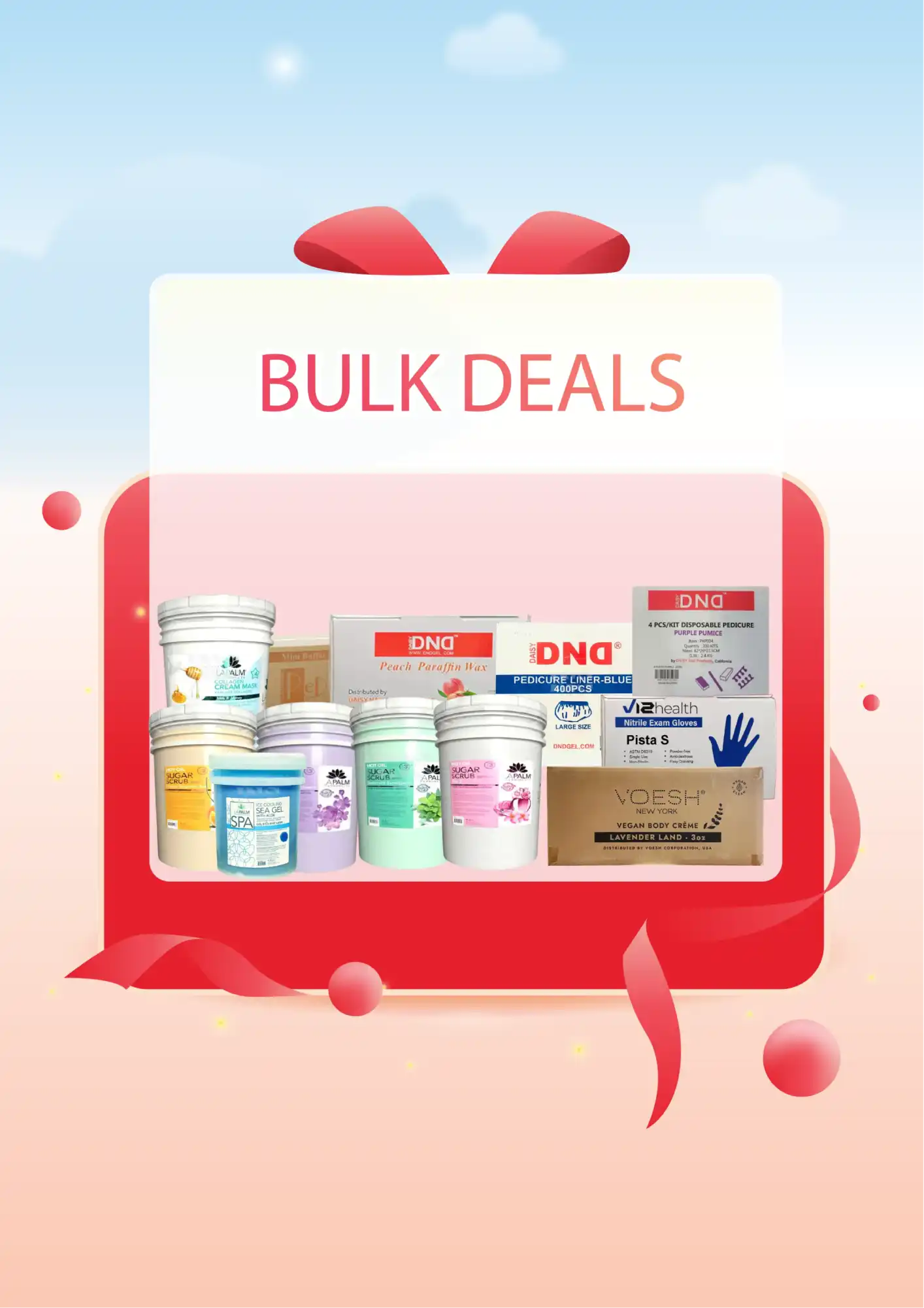 Red gift box displaying various medical or healthcare supplies with ’BULK DEALS’ text.