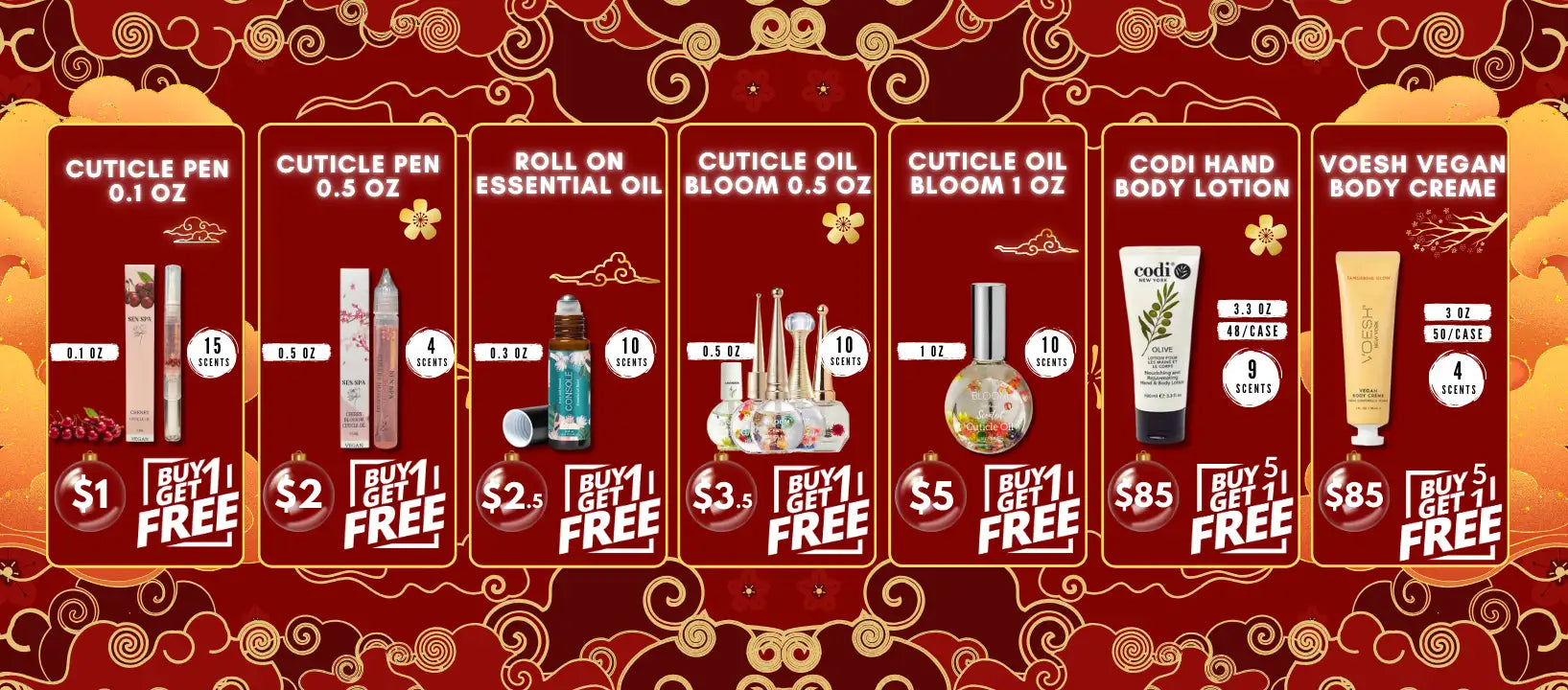 Red and gold decorative packaging for various beauty products including cuticle pens, roll-on essential oils, cuticle oil, hand body lotion, and vegan body cream.