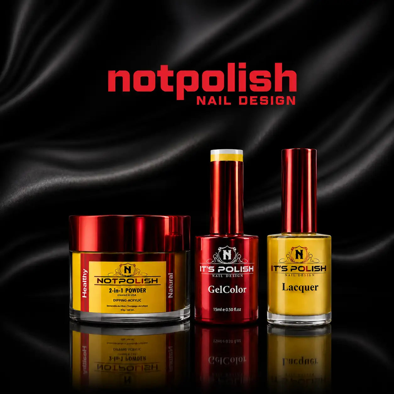 Red and gold not polish nail design products including a 2-in-1 powder, gelcolor, and lacquer.
