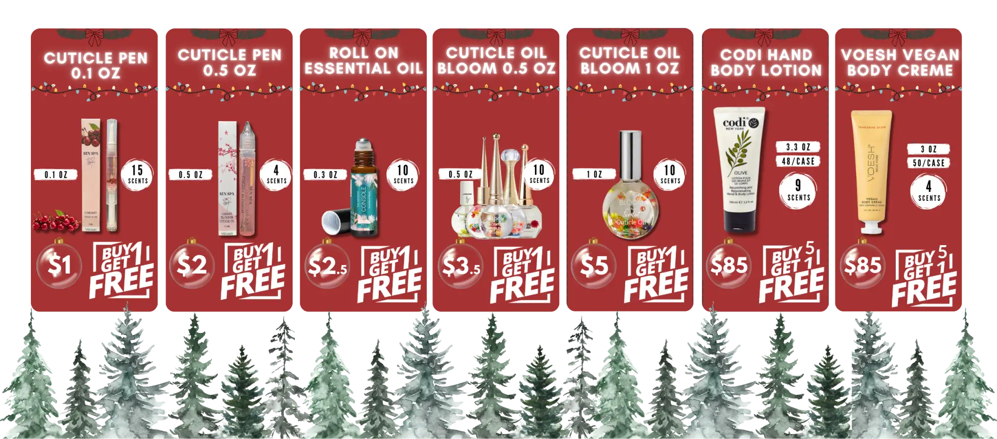 Red holiday-themed advertisement featuring various beauty products from brands like codi and voesh, including cuticle pens, essential oil rollers, and body lotions.