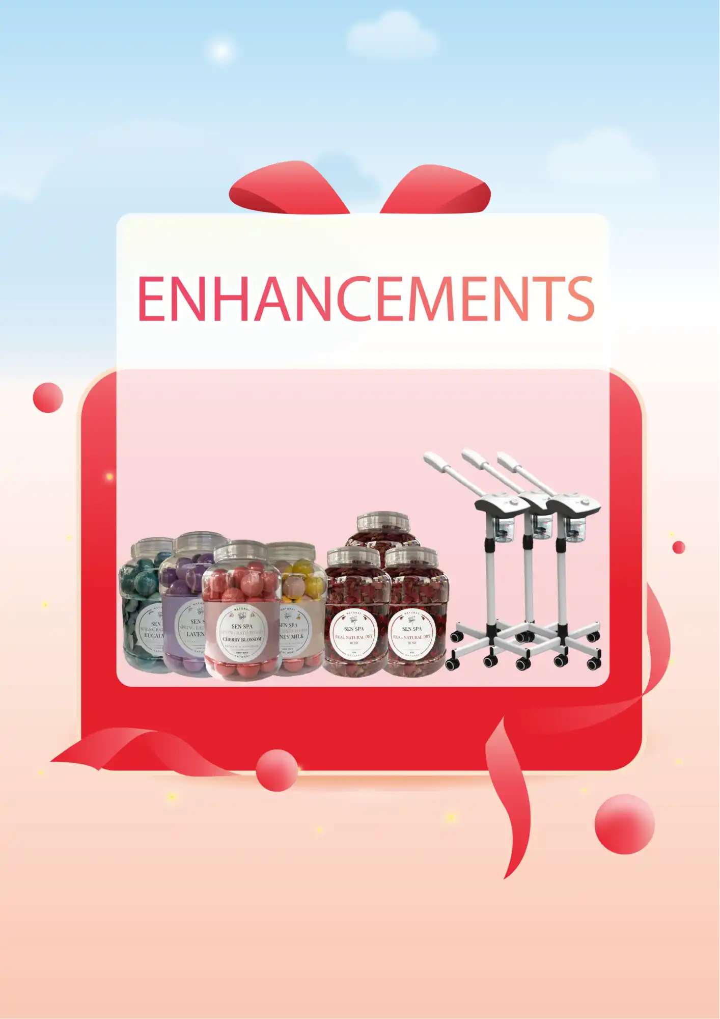 Red speech bubble or dialog box containing product enhancements imagery with jars and equipment.