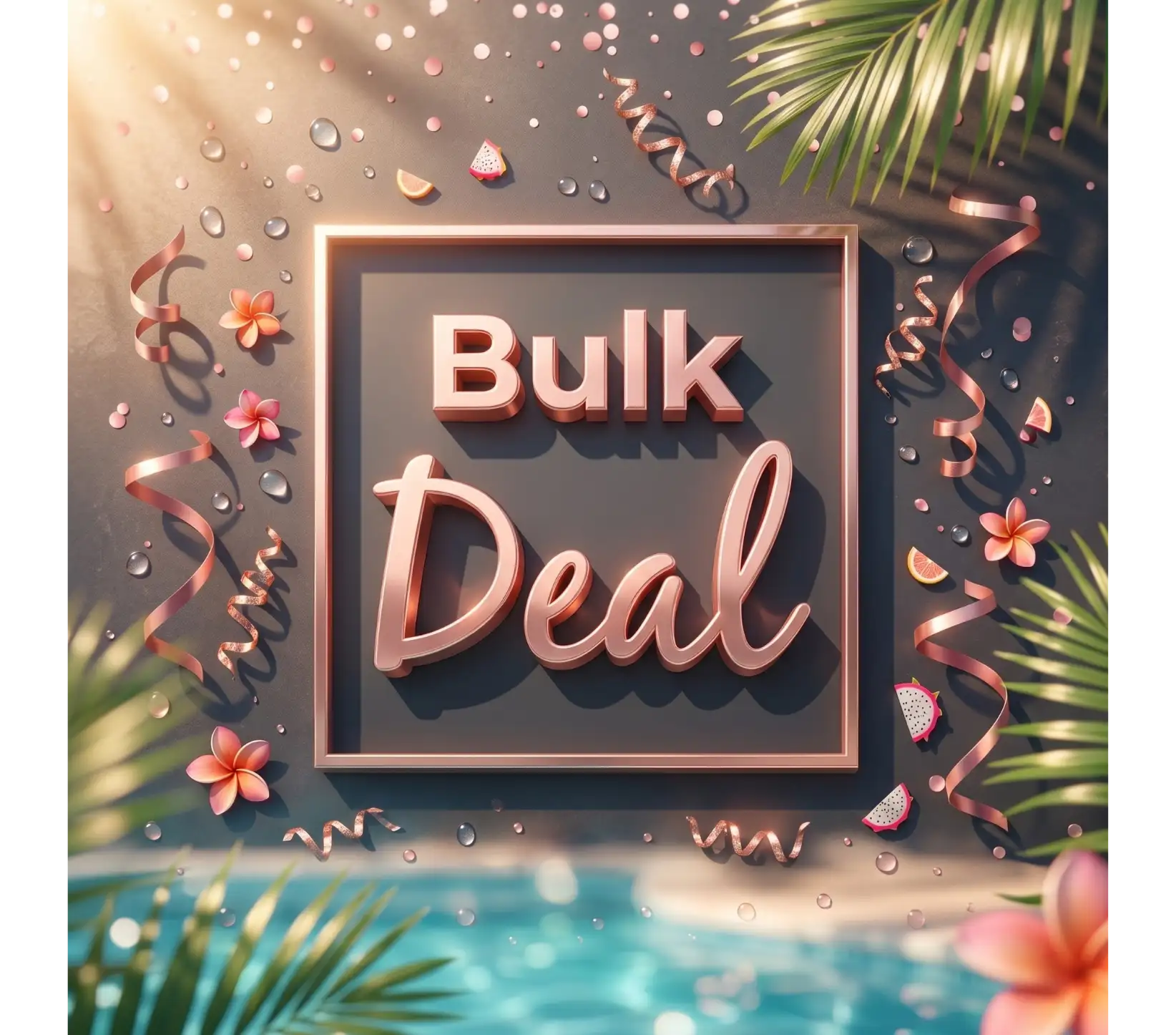 Rose gold ’bulk deal’ sign with a sleek, modern font set against a tropical backdrop.