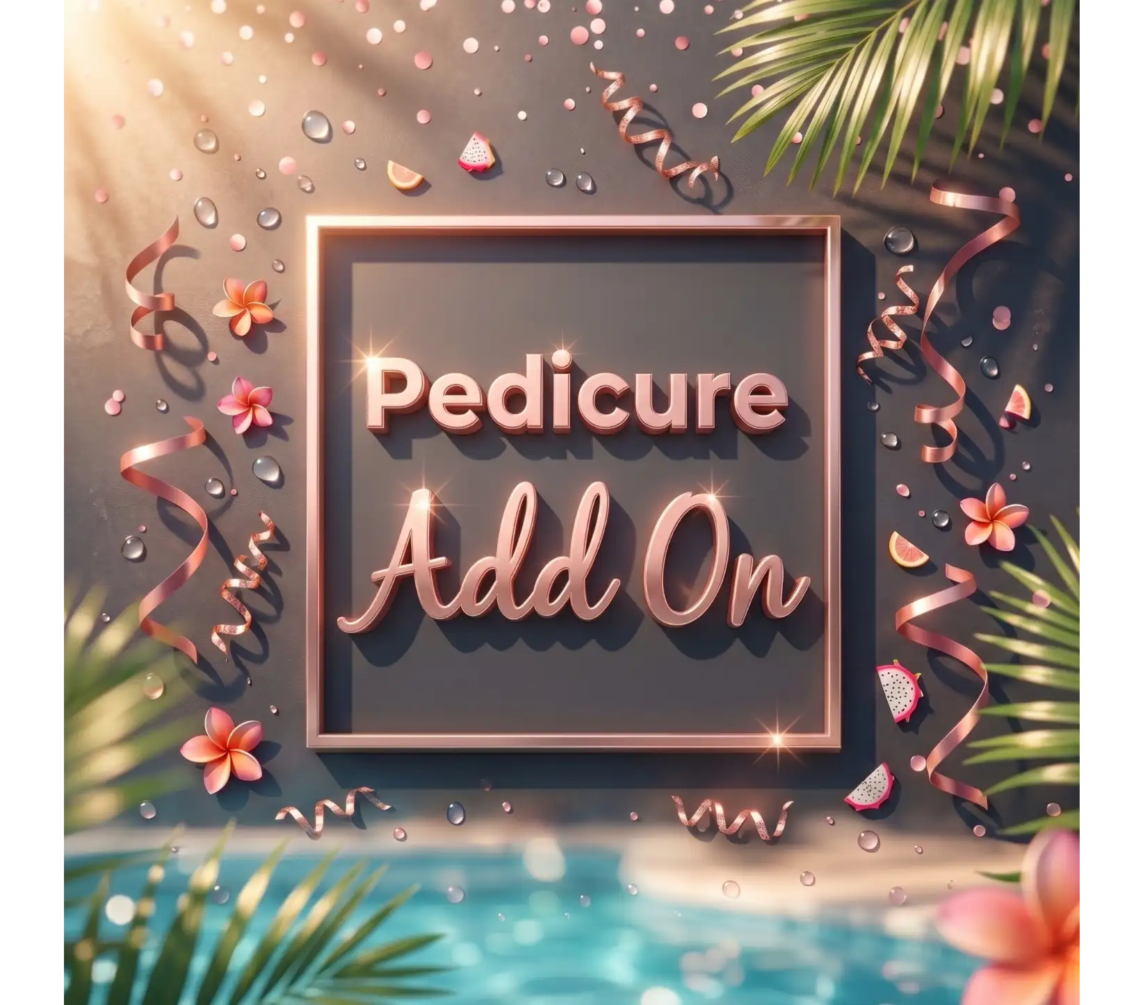 Rose gold framed ’pedicure add on’ sign with sparkling text and tropical decor.
