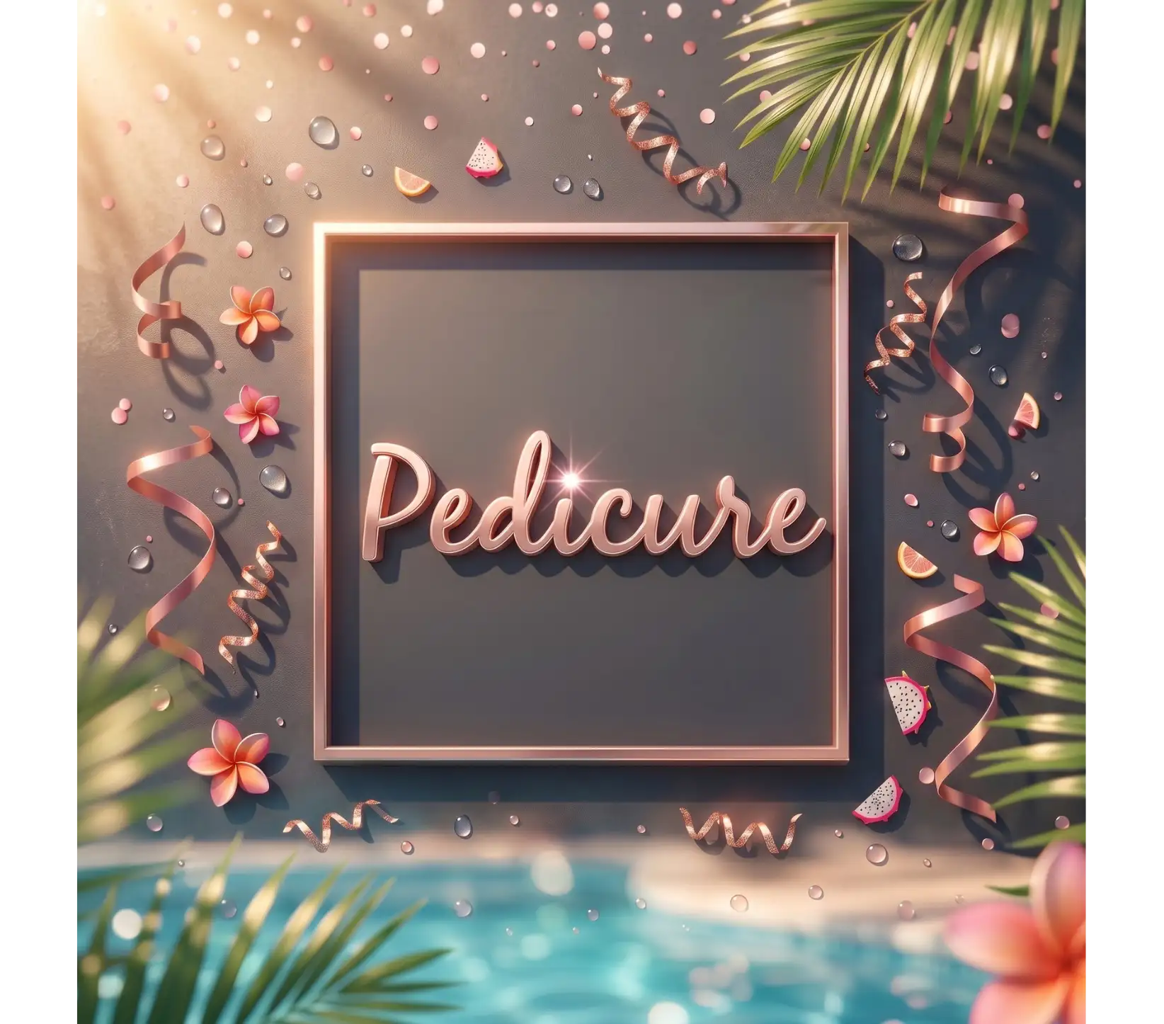 Rose gold metallic frame with the word ’pedicure’ in a glossy, three-dimensional font.
