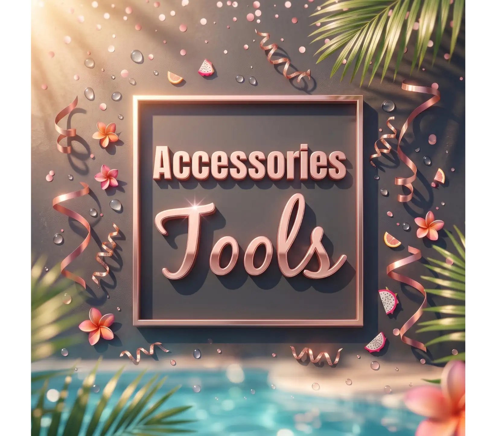 Rose gold metallic framed sign displaying the words ’accessories tools’ in a glossy, three-dimensional font.