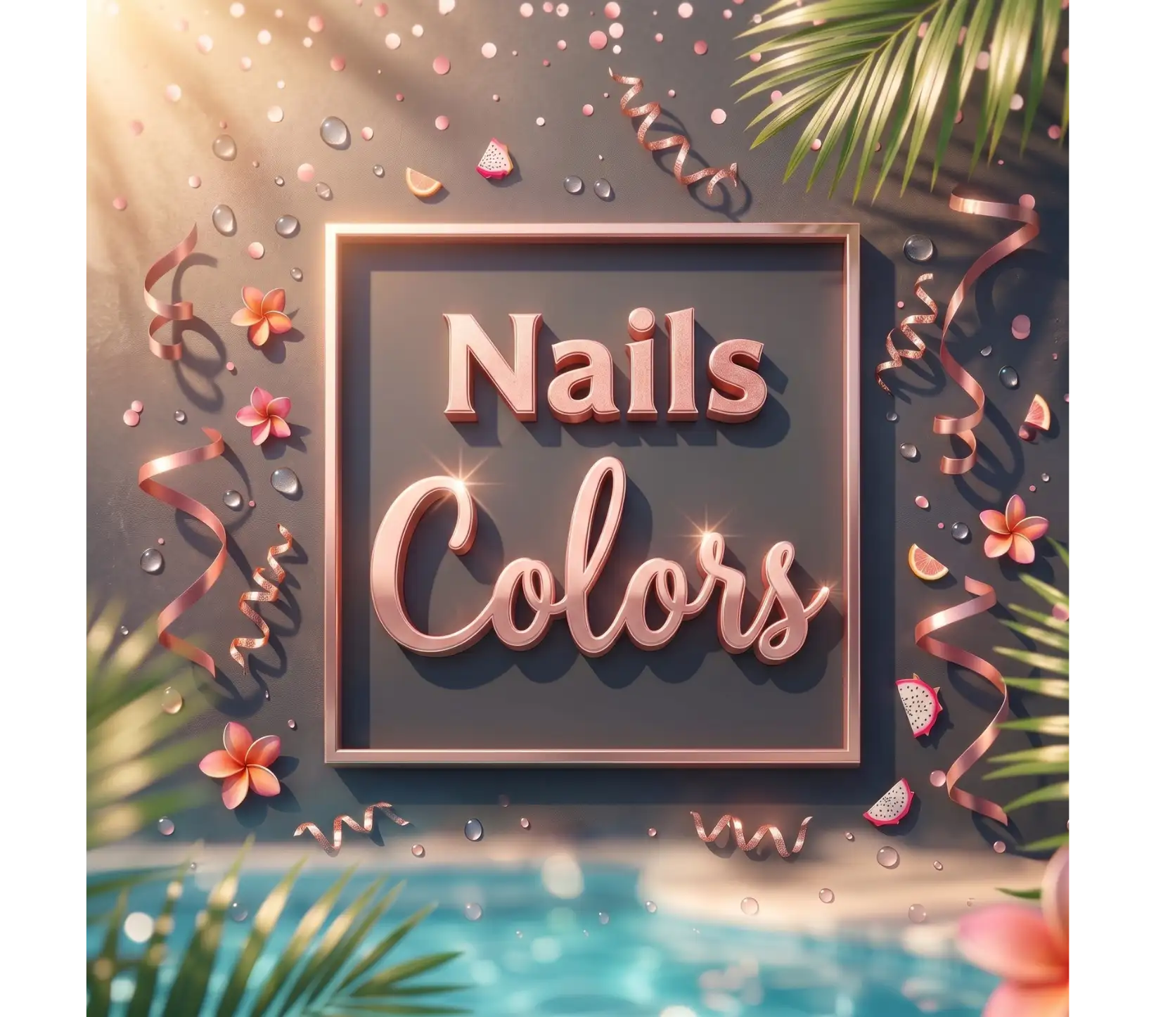 Rose gold metallic ’nails colors’ sign with a sleek, framed design.