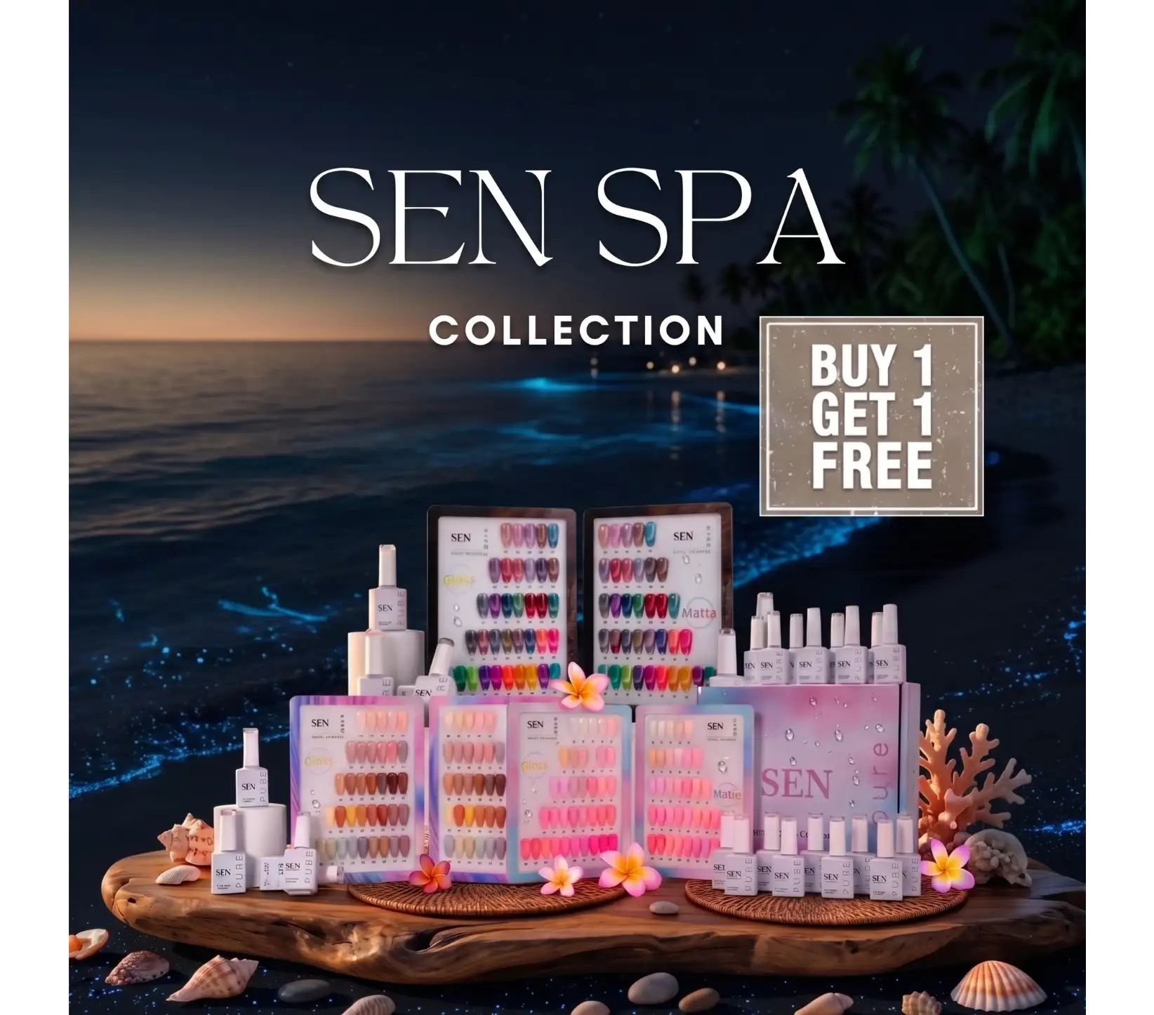 The sen spa collection features a vibrant array of nail polish bottles and color swatches in pastel pinks, purples, and oranges, arranged on a wooden platter with tropical flowers and seashells.
