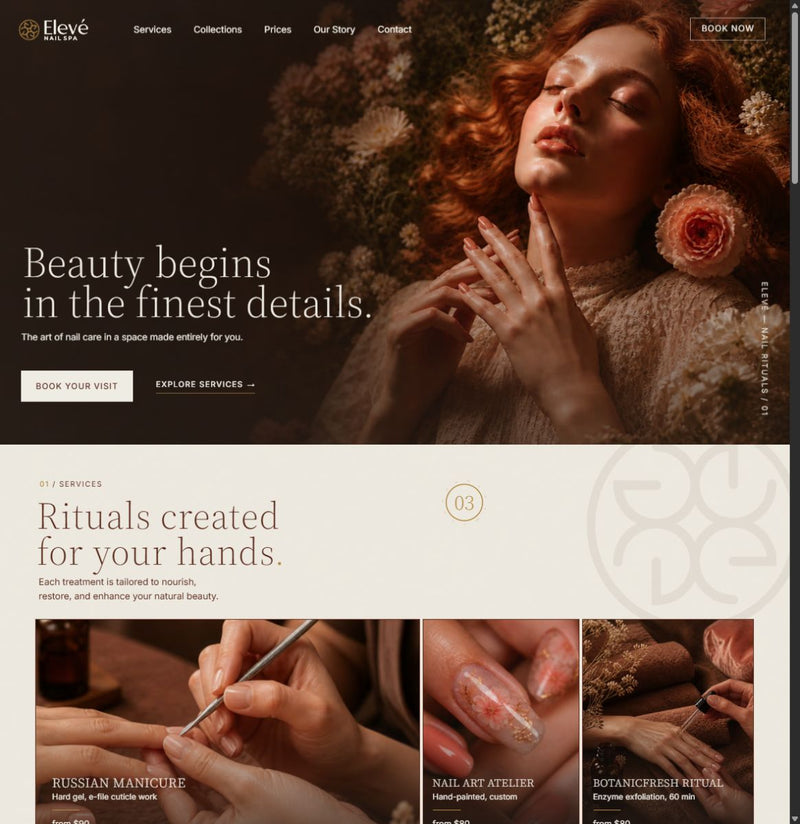 Eleve Nail Spa website built by Senofy - warm brown and cream homepage with beauty and nail service photography