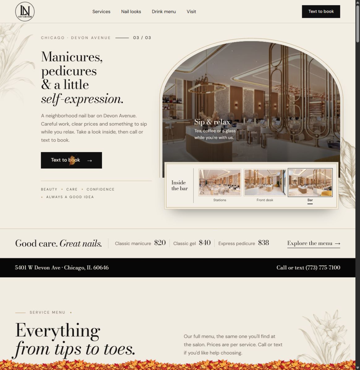 Lee Nails Bar website built by Senofy - cream and black homepage with salon interior photography