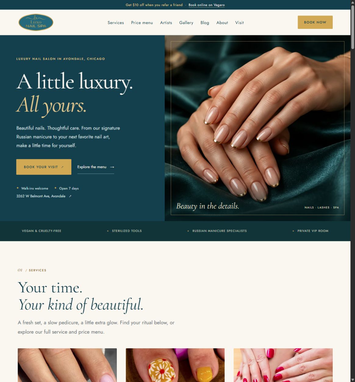 Luxo Nail Spa website built by Senofy - teal and gold homepage with manicure photography