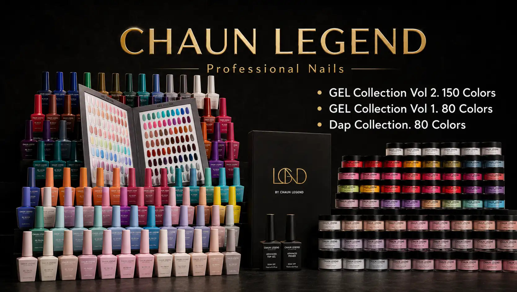 A vibrant array of chaun legend professional nail polish bottles in assorted colors, neatly arranged with accompanying color palettes and gel collections.