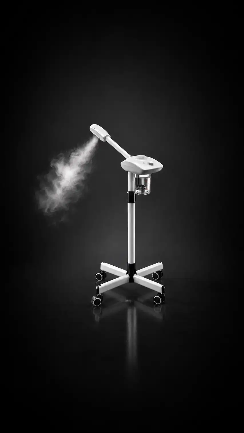 White steam facial machine with a sleek, adjustable arm and wheeled base.